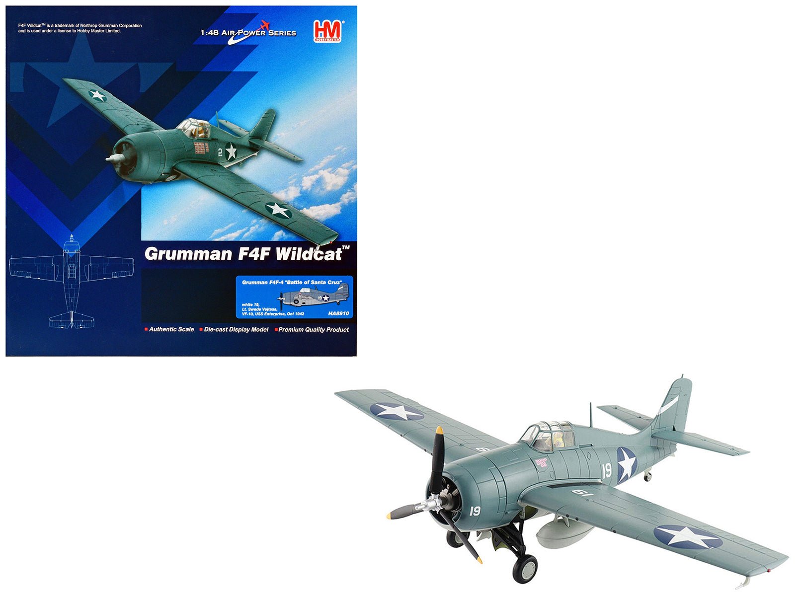 Grumman F4F - 4 Wildcat Fighter Aircraft "Battle of Santa Cruz Lt. Swede Vejtasa VF - 10 USS Enterprise" (1942) United States Navy "Air Power Series" 1/48 Diecast Model by Hobby Master free shipping USA - Rapid Vehicles
