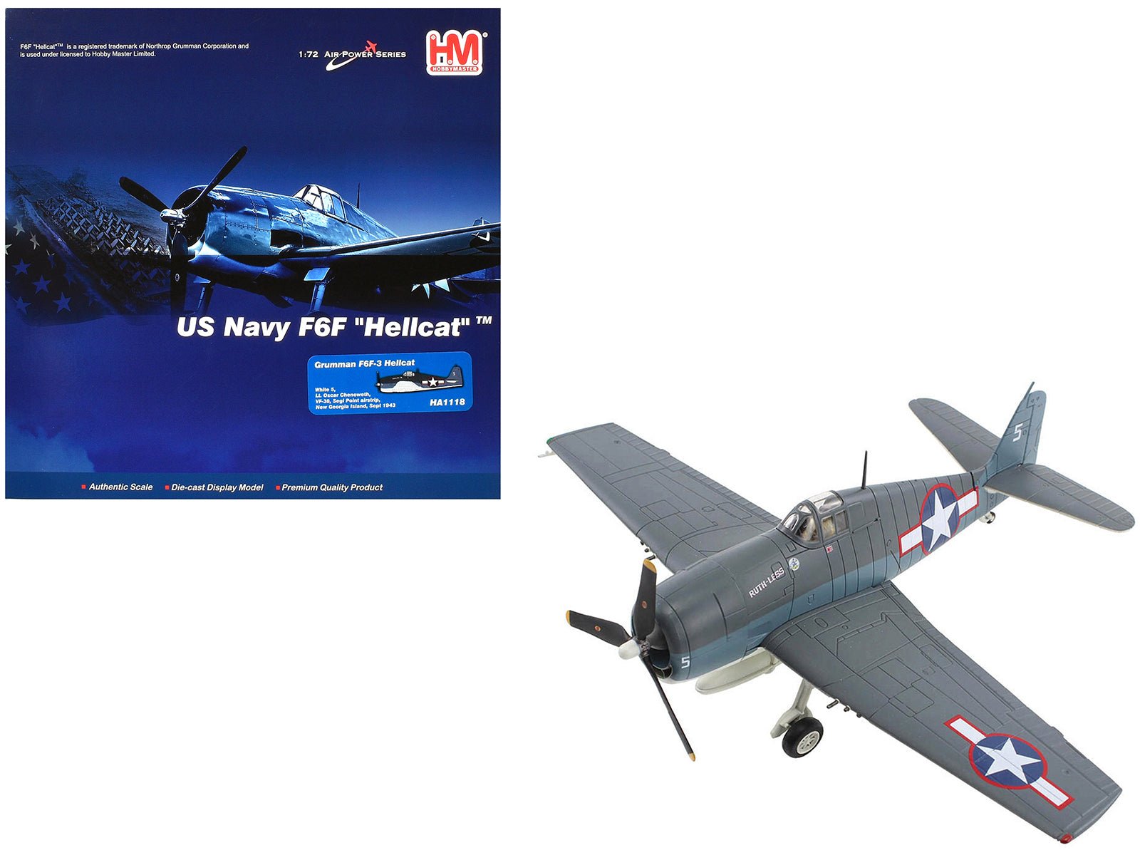 Grumman F6F - 3 Hellcat Fighter Aircraft "Ruth - Less Lt. Oscar Chenoweth VF - 38 Segi Point Airstrip New Georgia Island" (1943) United States Navy "Air Power Series" 1/72 Diecast Model by Hobby Master free shipping USA - Rapid Vehicles