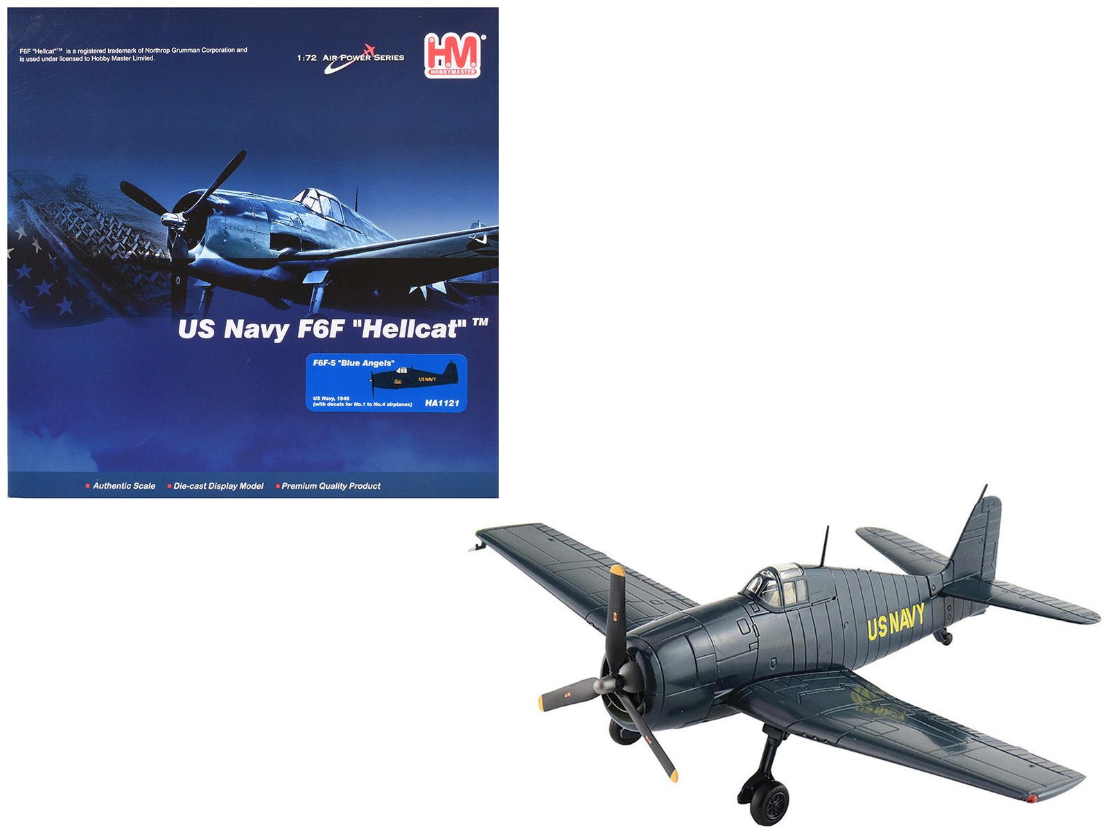 Grumman F6F - 5 Hellcat Fighter Aircraft "Blue Angels 1 - 4 Decals" (1946) United States Navy "Air Power Series" 1/72 Diecast Model by Hobby Master free shipping USA - Rapid Vehicles