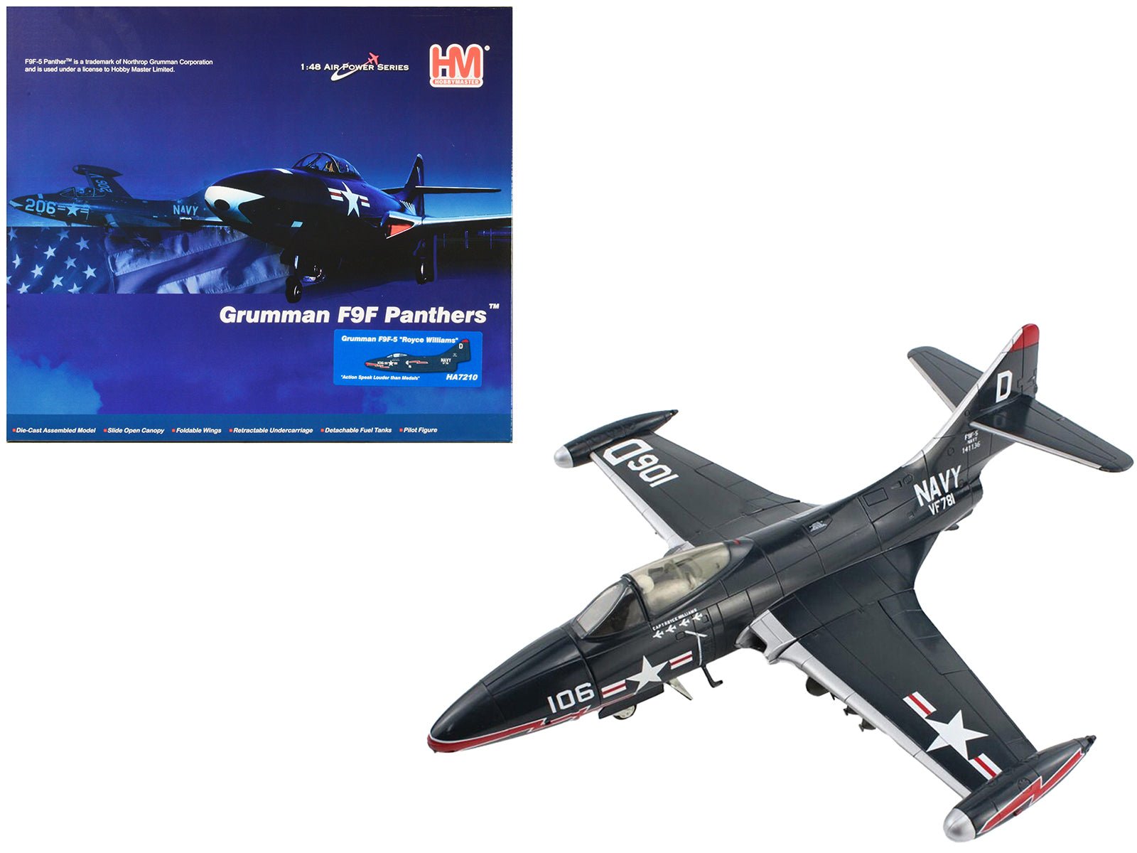 Grumman F9F - 5 Panther Aircraft "VF - 781 Royce Williams Action Speak Louder than Medals" United States Navy "Air Power Series" 1/48 Diecast Model by Hobby Master free shipping USA - Rapid Vehicles