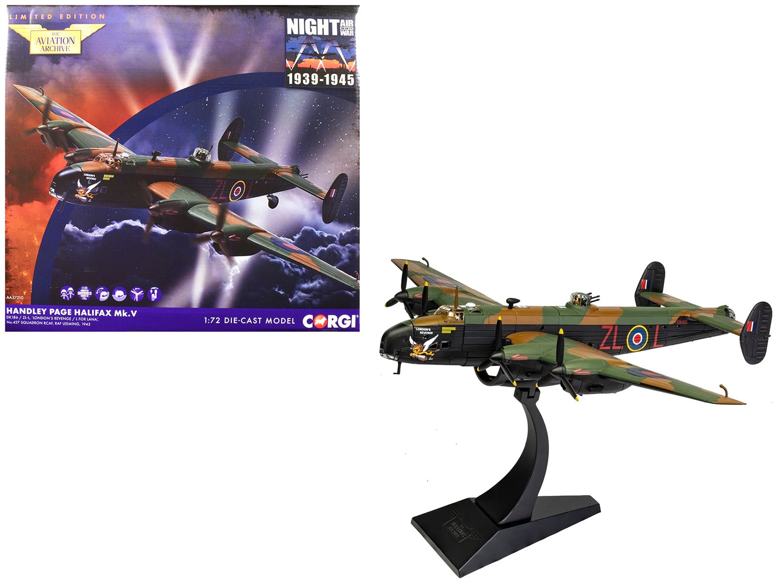 Handley Page Halifax MkV Bomber Aircraft "DK186 London’s Revenge - L for Lana No. 427 Squadron RAF Leeming" (1943) Royal Canadian Air Force "The Aviation Archive" Series 1/72 Diecast Model by Corgi free shipping USA - Rapid Vehicles