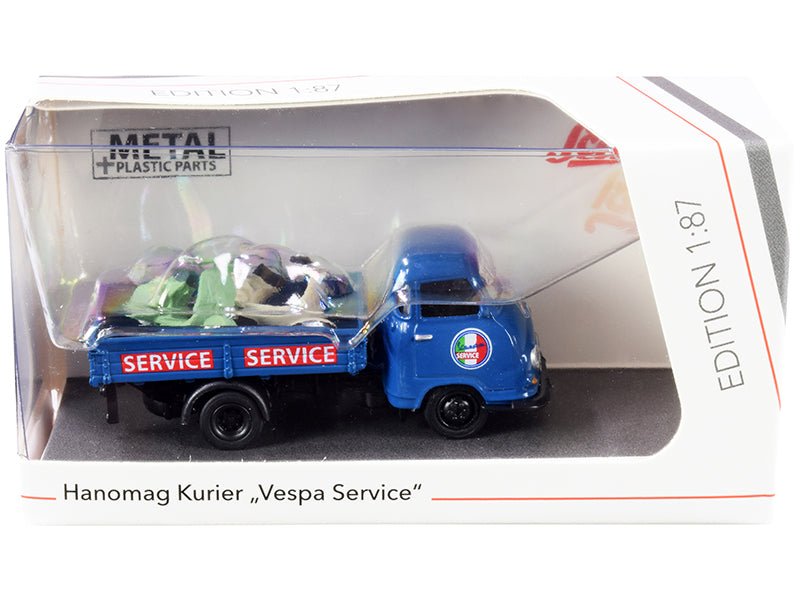 Hanomag Kurier Transporter "Vespa Service" Blue with 2 Vespas (Green and Cream) 1/87 (HO) Diecast Models by Schuco free shipping USA - Rapid Vehicles