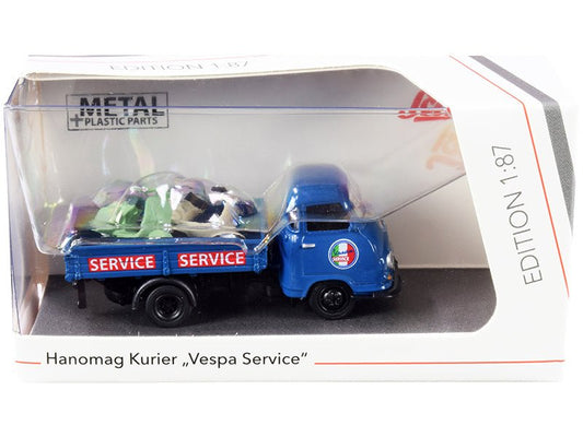Hanomag Kurier Transporter "Vespa Service" Blue with 2 Vespas (Green and Cream) 1/87 (HO) Diecast Models by Schuco free shipping USA - Rapid Vehicles