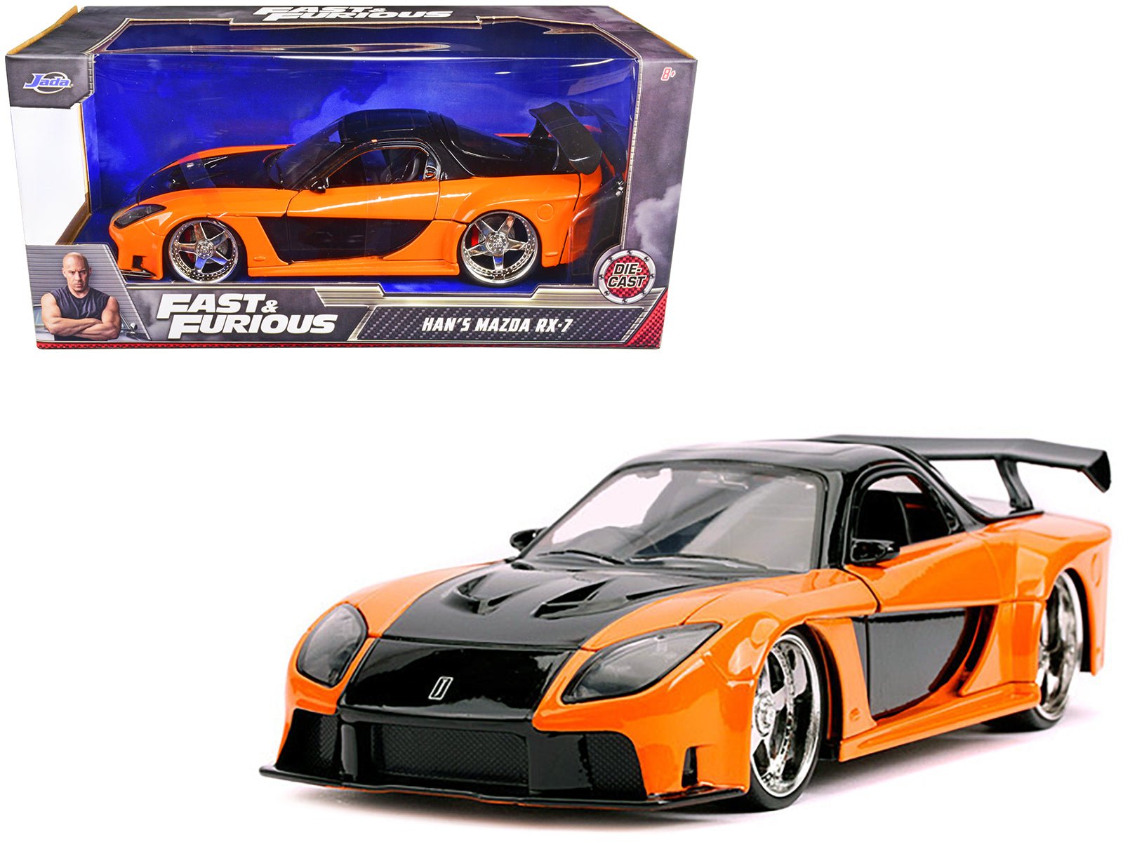 Han's Mazda RX-7 RHD (Right Hand Drive) Orange and Black "Fast & Furious" Movie 1/24 Diecast Model Car by Jada free shipping USA - Rapid Vehicles