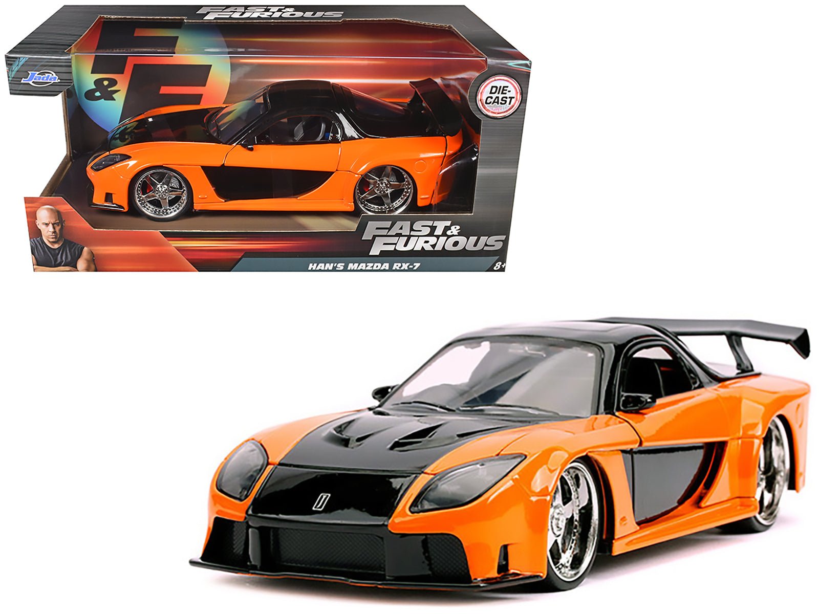 Han's Mazda RX-7 RHD (Right Hand Drive) Orange and Black "Fast & Furious" Movie 1/24 Diecast Model Car by Jada free shipping USA - Rapid Vehicles