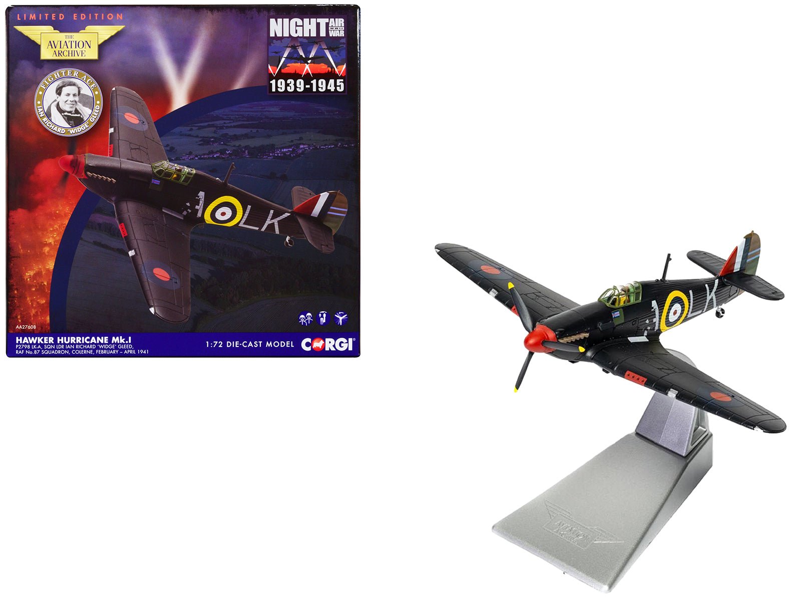 Hawker Hurricane Mk.I Fighter Aircraft "Sqn Ldr. Ian Richard 'Widge' Gleed No.87 Sqn Colerne" (1941) British Royal Air Force "The Aviation Archive" Series 1/72 Diecast Model by Corgi free shipping USA - Rapid Vehicles