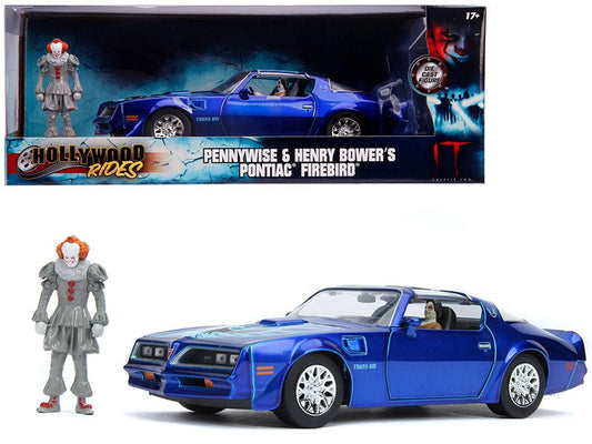 Henry Bower's Pontiac Firebird Trans Am Candy Blue with Pennywise Diecast Figurine "It Chapter Two" (2019) Movie 1/24 Diecast Model Car by Jada free shipping USA - Rapid Vehicles
