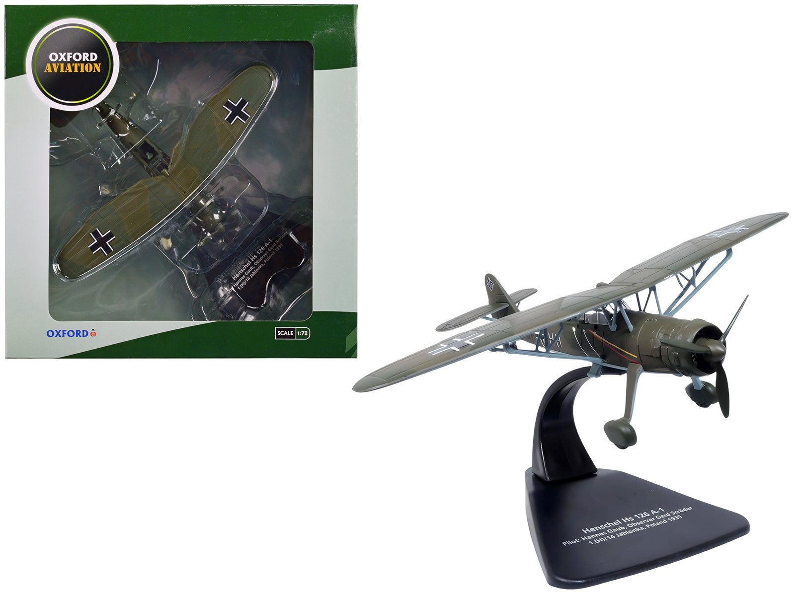Henschel Hs 126 A - 1 Reconnaissance Aircraft "Hannes Gaub Gerd Scroder 1.(H)/14 Invasion of Poland" (1939) German Luftwaffe "Oxford Aviation" Series 1/72 Diecast Model Airplane by Oxford Diecast free shipping USA - Rapid Vehicles