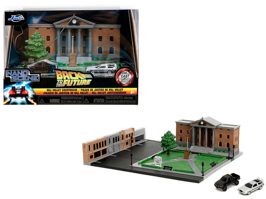 Hill Valley Courthouse Diorama with Black Pickup Truck and Delorean "Back to the Future" (1985) Movie "Nano Scene" Series Model by Jada free shipping USA - Rapid Vehicles