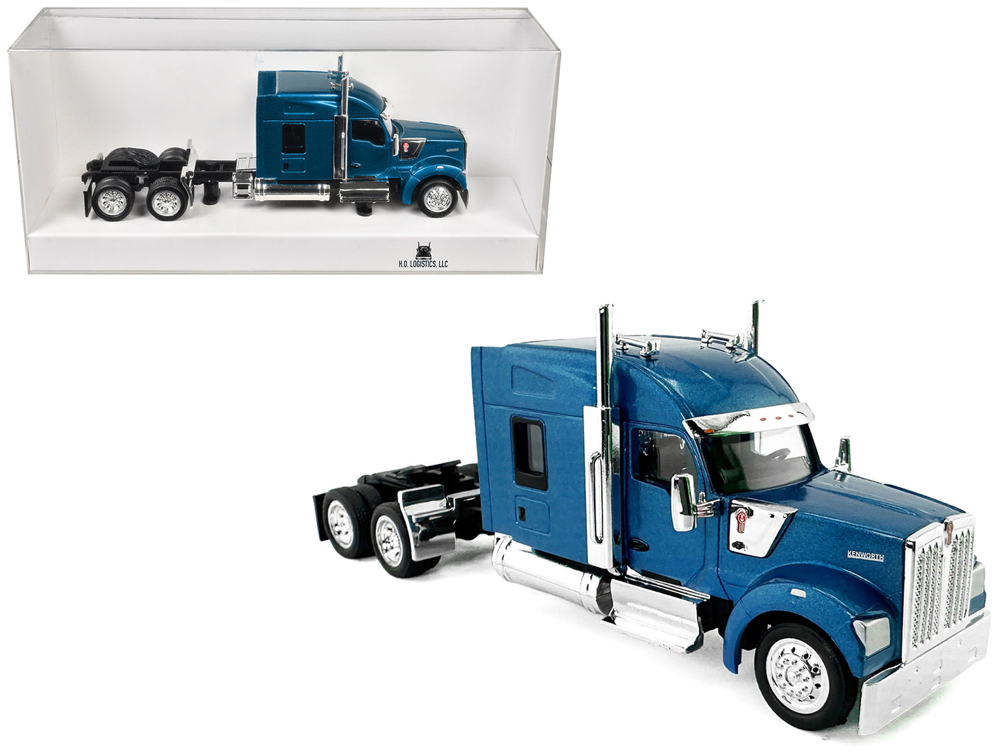 Kenworth W990 with Stand Up Sleeper Cab Blue Metallic 1/87 (HO) Plastic Model Car by HO Logistics - Use code SHOPAPP15 to get 15 percent off