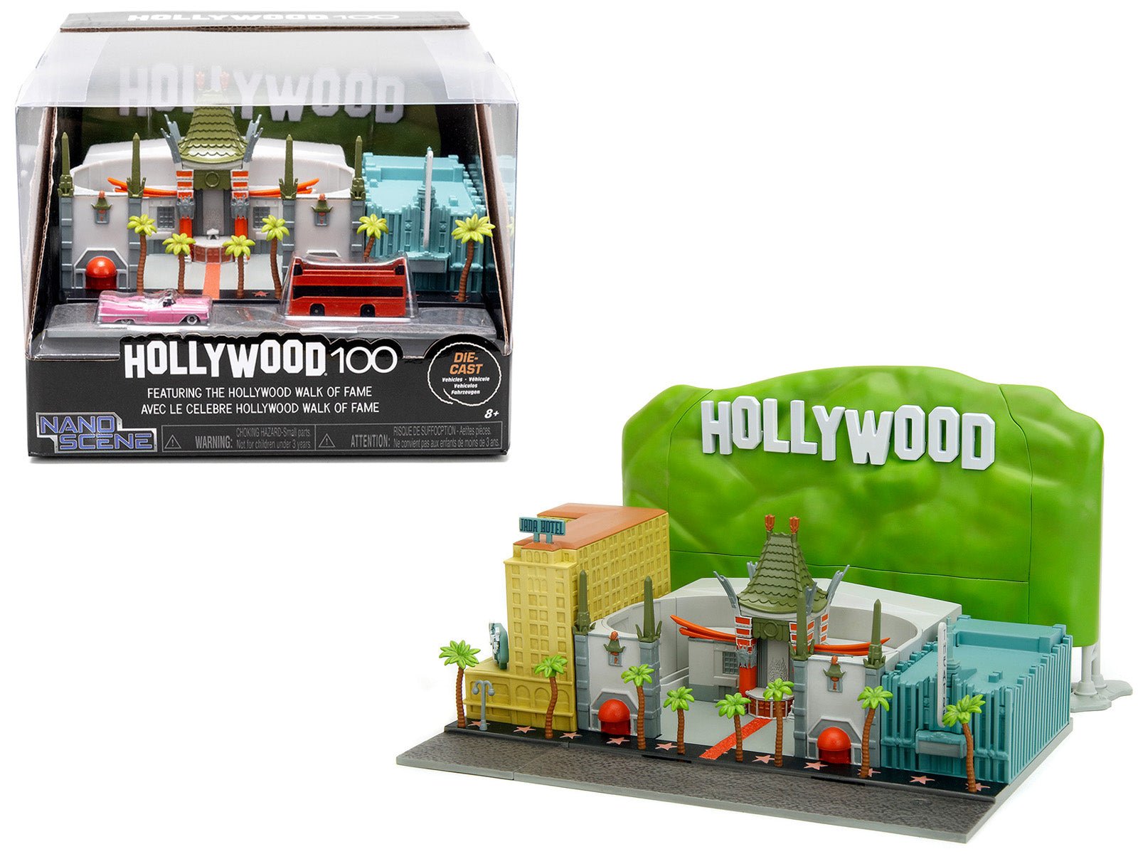 "Hollywood 100" Walk of Fame Diorama with Pink Convertible and Double - Decker Bus "Nano Scene" Series model by Jada free shipping USA - Rapid Vehicles