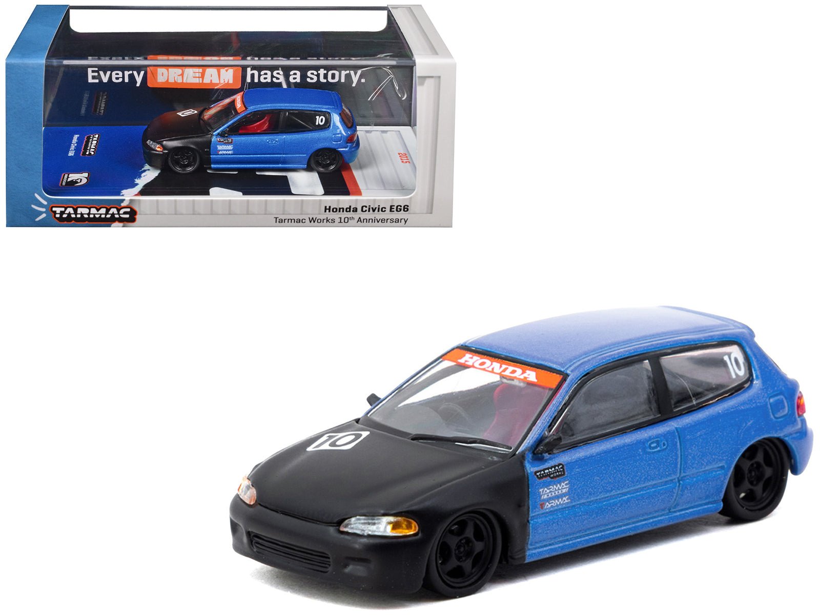 Honda Civic EG6 RHD (Right Hand Drive) 10 "Tarmac Works 10th Anniversary" Blue Metallic and Matt Black "Hobby64" Series 1/64 Diecast Model Car by Tarmac Works free shipping USA - Rapid Vehicles