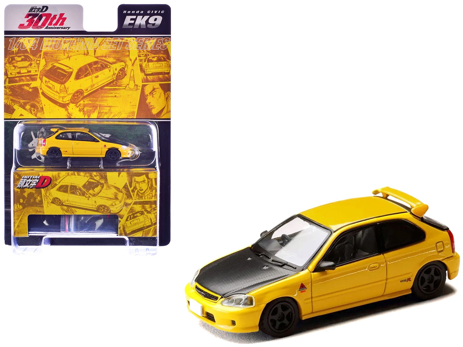 Honda Civic (EK9) RHD (Right Hand Drive) Yellow with Carbon Hood "Initial D" (1995 - 2013) Manga "Diorama Set Series" 1/64 Diecast Model car by Hobby Japan free shipping USA - Rapid Vehicles
