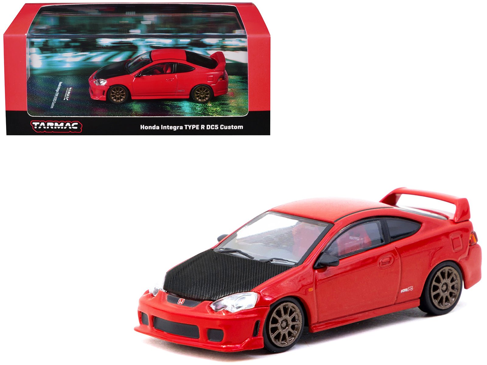 Honda Integra Type R DC5 Custom RHD (Right Hand Drive) Red with Carbon Hood "Road64" Series 1/64 Diecast Model Car by Tarmac Works free shipping USA - Rapid Vehicles