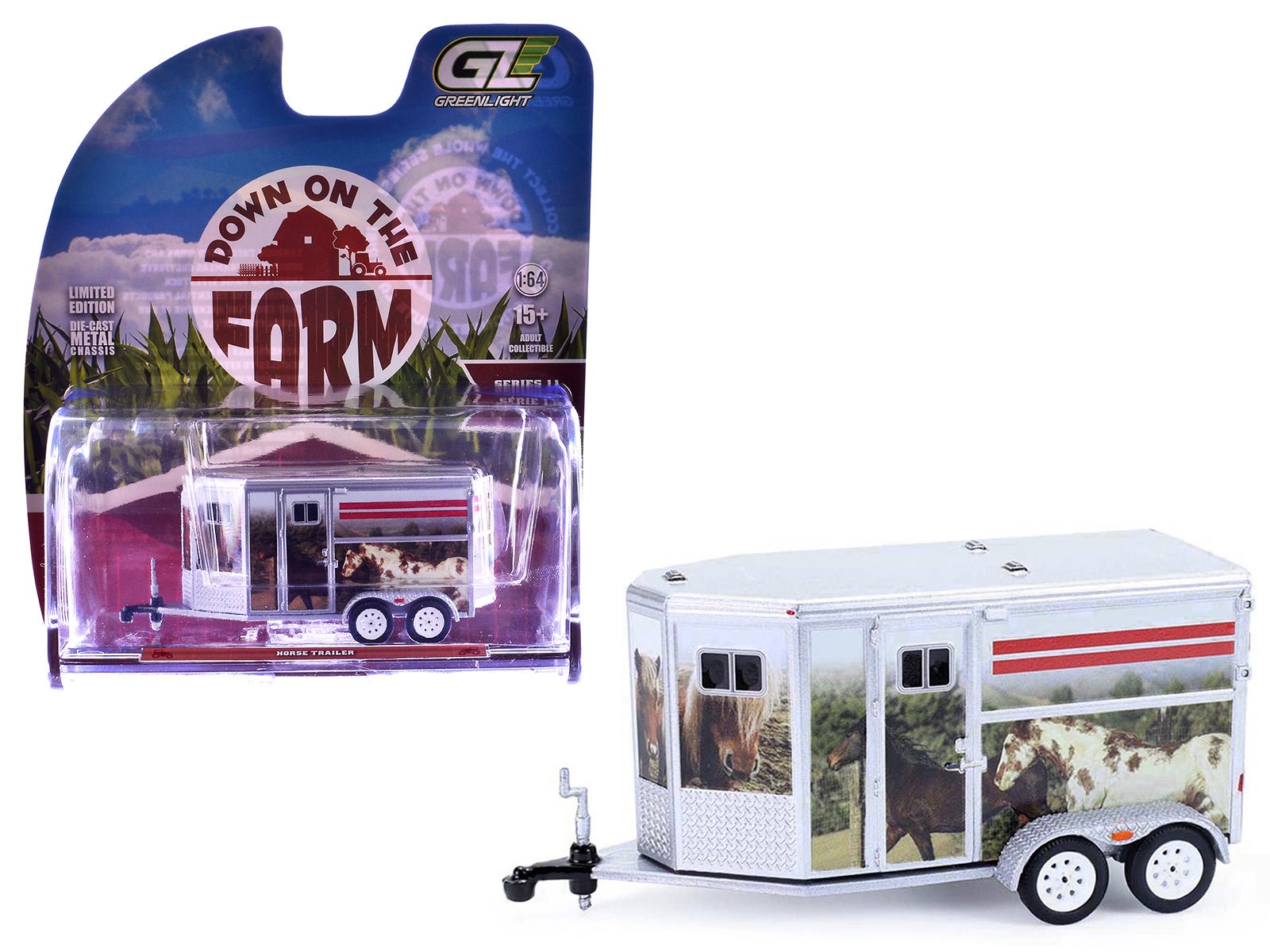 Horse Trailer Silver with Custom Horse Wrap "Down on the Farm" Series 11 1/64 Diecast Model by Greenlight free shipping USA - Rapid Vehicles