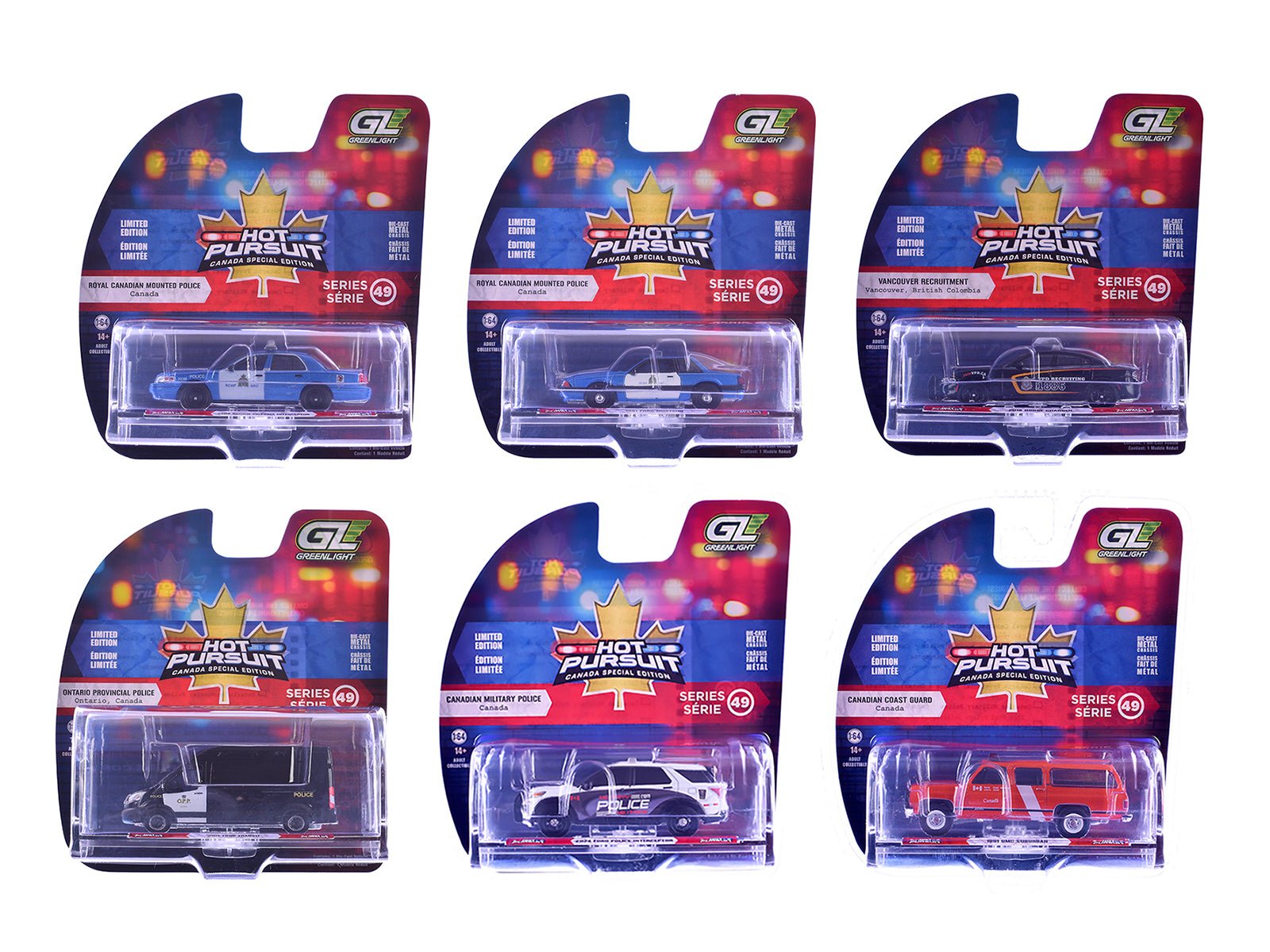 "Hot Pursuit - Canada Special Edition" Set of 6 Police Cars 1/64 Diecast Model Cars by Greenlight free shipping USA - Rapid Vehicles