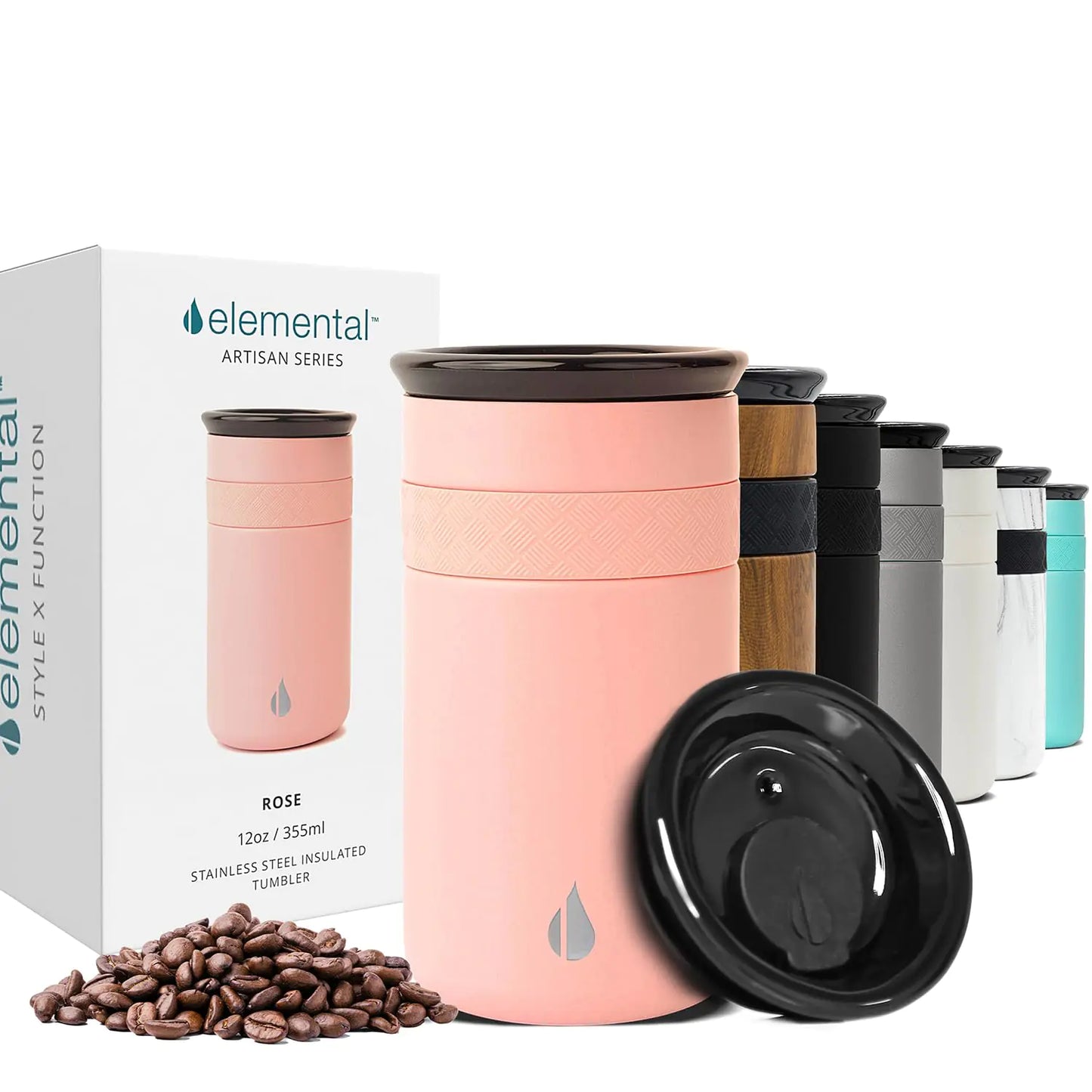 Elemental Artisan Insulated Tumbler Triple Wall Coffee Travel Mug Reusable Stainless Steel Coffee Tumbler with Ceramic Lid Thermal Coffee Cups for Hot (6 Hrs) & Cold (18 Hrs) 12oz - Rose