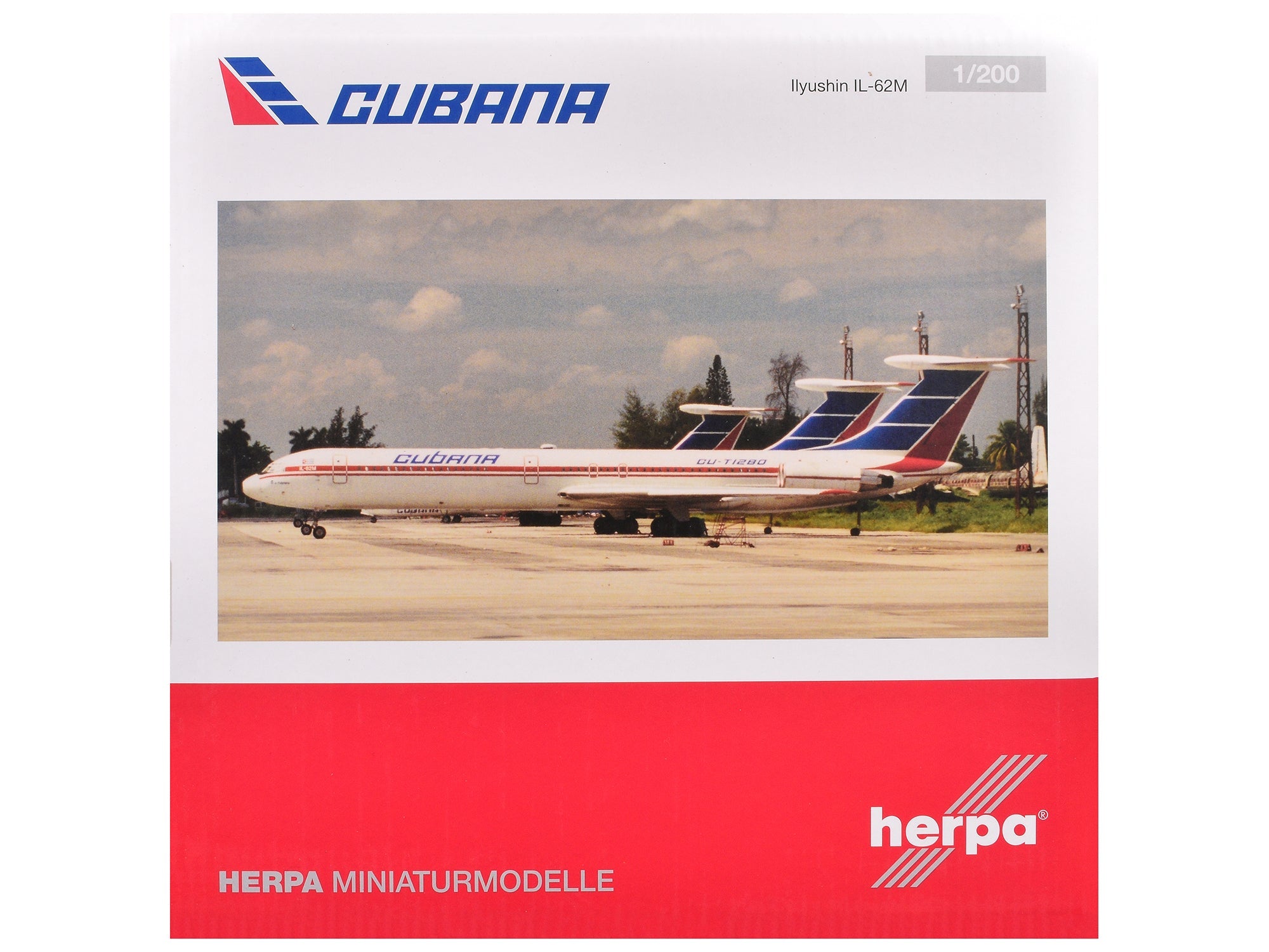 Ilyushin IL - 62M Commercial Aircraft "Cubana de Aviacion" (T1280) White with Blue and Red Tail 1/200 Diecast Model Airplane by Herpa free shipping USA - Rapid Vehicles