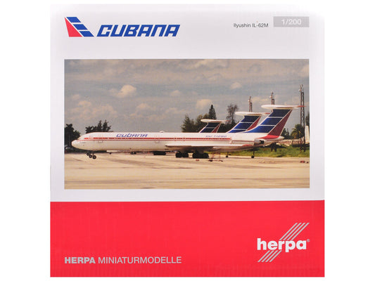 Ilyushin IL - 62M Commercial Aircraft "Cubana de Aviacion" (T1280) White with Blue and Red Tail 1/200 Diecast Model Airplane by Herpa free shipping USA - Rapid Vehicles