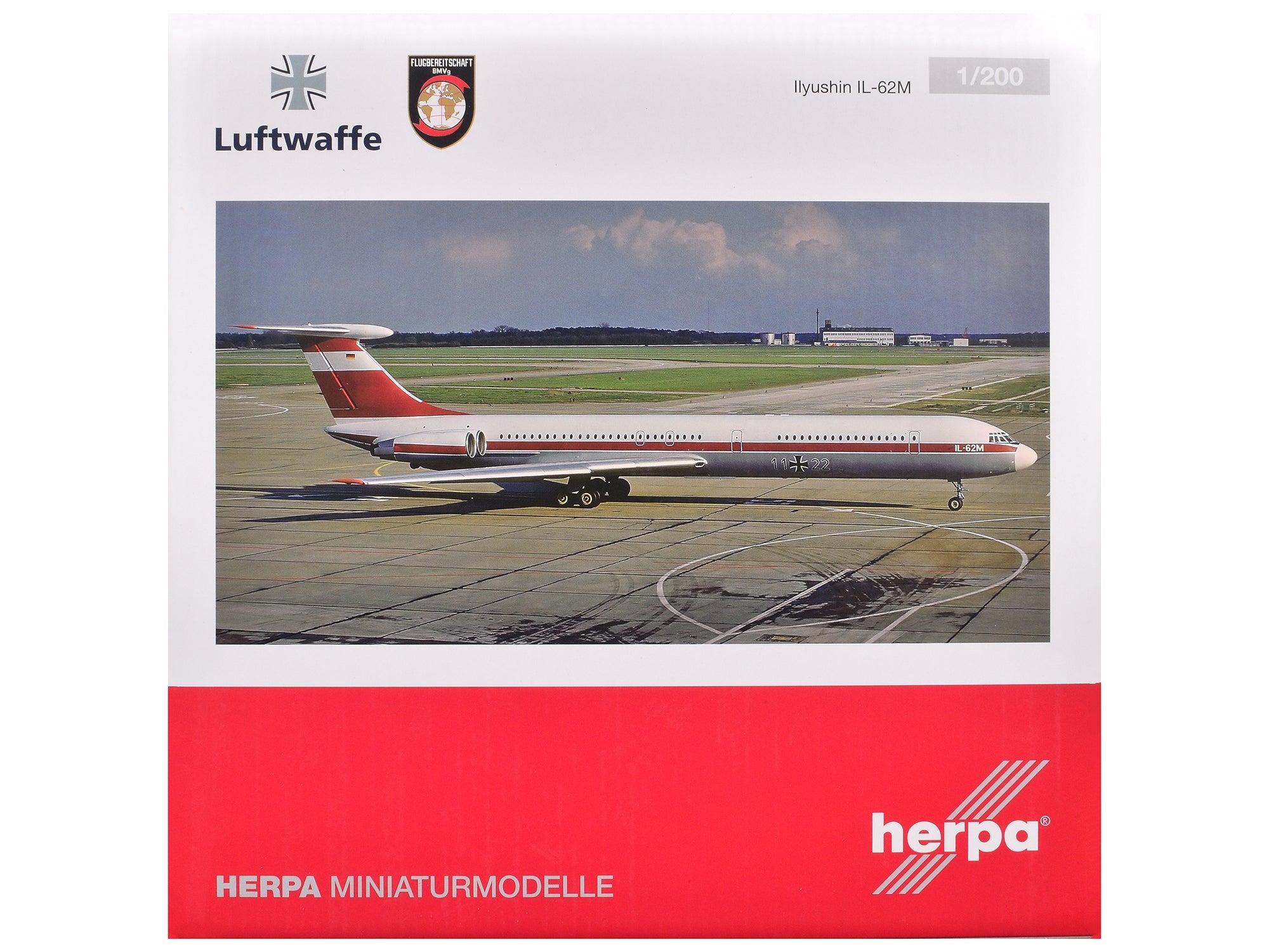 Ilyushin IL - 62M Commercial Aircraft "German Luftwaffe" (11+22) White with Red Stripes 1/200 Diecast Model Airplane by Herpa free shipping USA - Rapid Vehicles