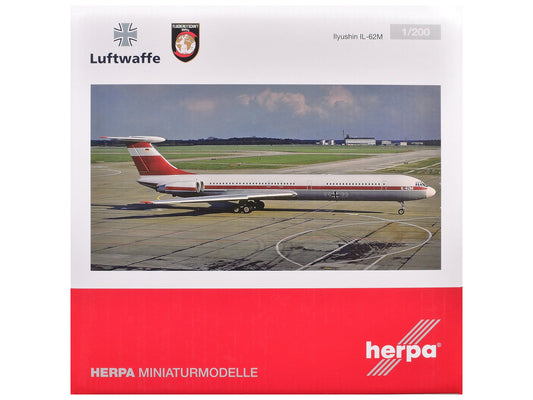 Ilyushin IL - 62M Commercial Aircraft "German Luftwaffe" (11+22) White with Red Stripes 1/200 Diecast Model Airplane by Herpa free shipping USA - Rapid Vehicles