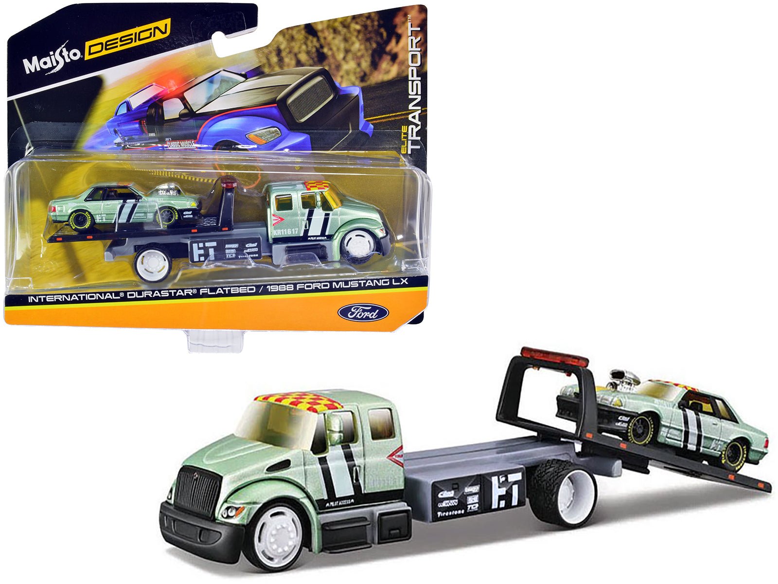 International DuraStar Flatbed Truck 17 and 1988 Ford Mustang LX 17 Light Green Metallic with Stripes and Graphics "Elite Transport" Series 1/64 Diecast Models by Maisto free shipping USA - Rapid Vehicles