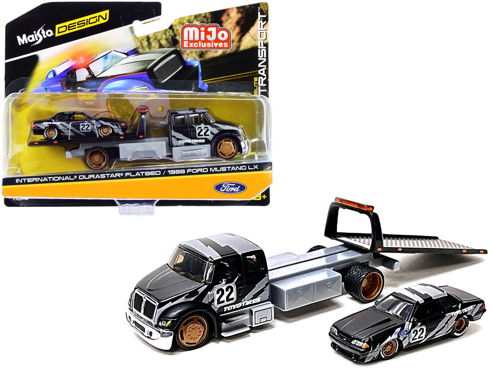 International DuraStar Flatbed Truck 22 and 1988 Ford Mustang LX 22 Matt Black with Gray Graphics "Toyo Tires" "Elite Transport" Series 1/64 Diecast Models by Maisto free shipping USA - Rapid Vehicles