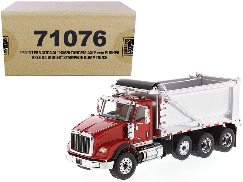 International HX620 Tandem Axle with Pusher Axle OX Stampede Dump Truck Red and Chrome "Transport Series" 1/50 Diecast Model by Diecast Masters free shipping USA - Rapid Vehicles