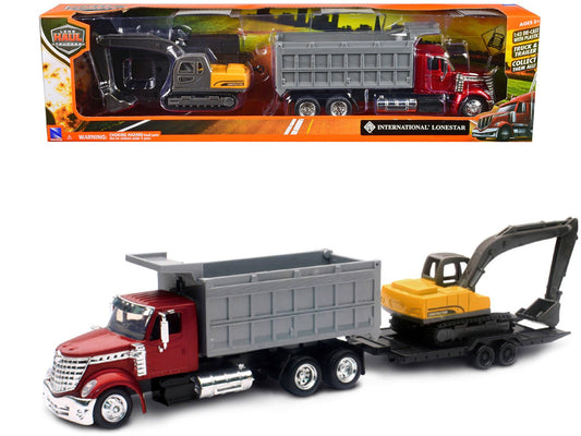 International Lonestar Dump Truck Red and Tracked Excavator Yellow with Flatbed Trailer "Long Haul Truckers" Series 1/43 Diecast Model by New Ray free shipping USA - Rapid Vehicles
