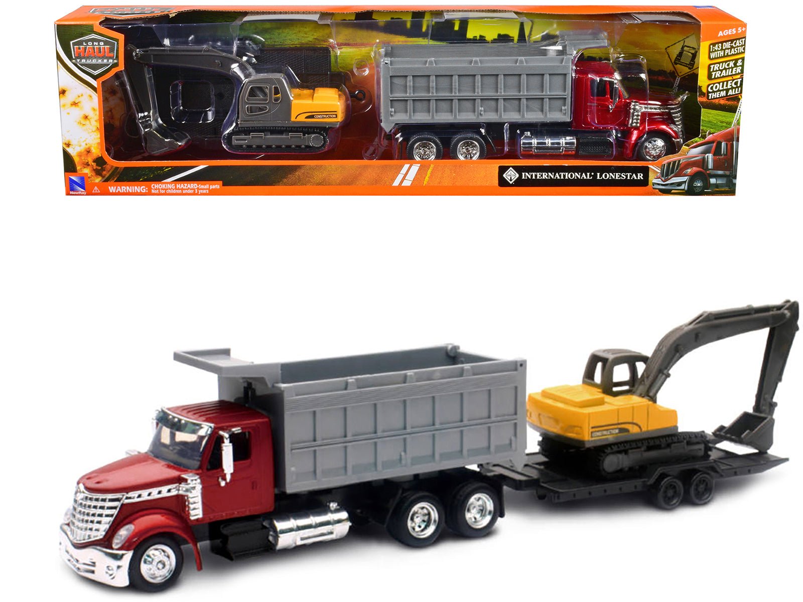 International Lonestar Dump Truck Red and Tracked Excavator Yellow with Flatbed Trailer "Long Haul Truckers" Series 1/43 Diecast Model by New Ray free shipping USA - Rapid Vehicles