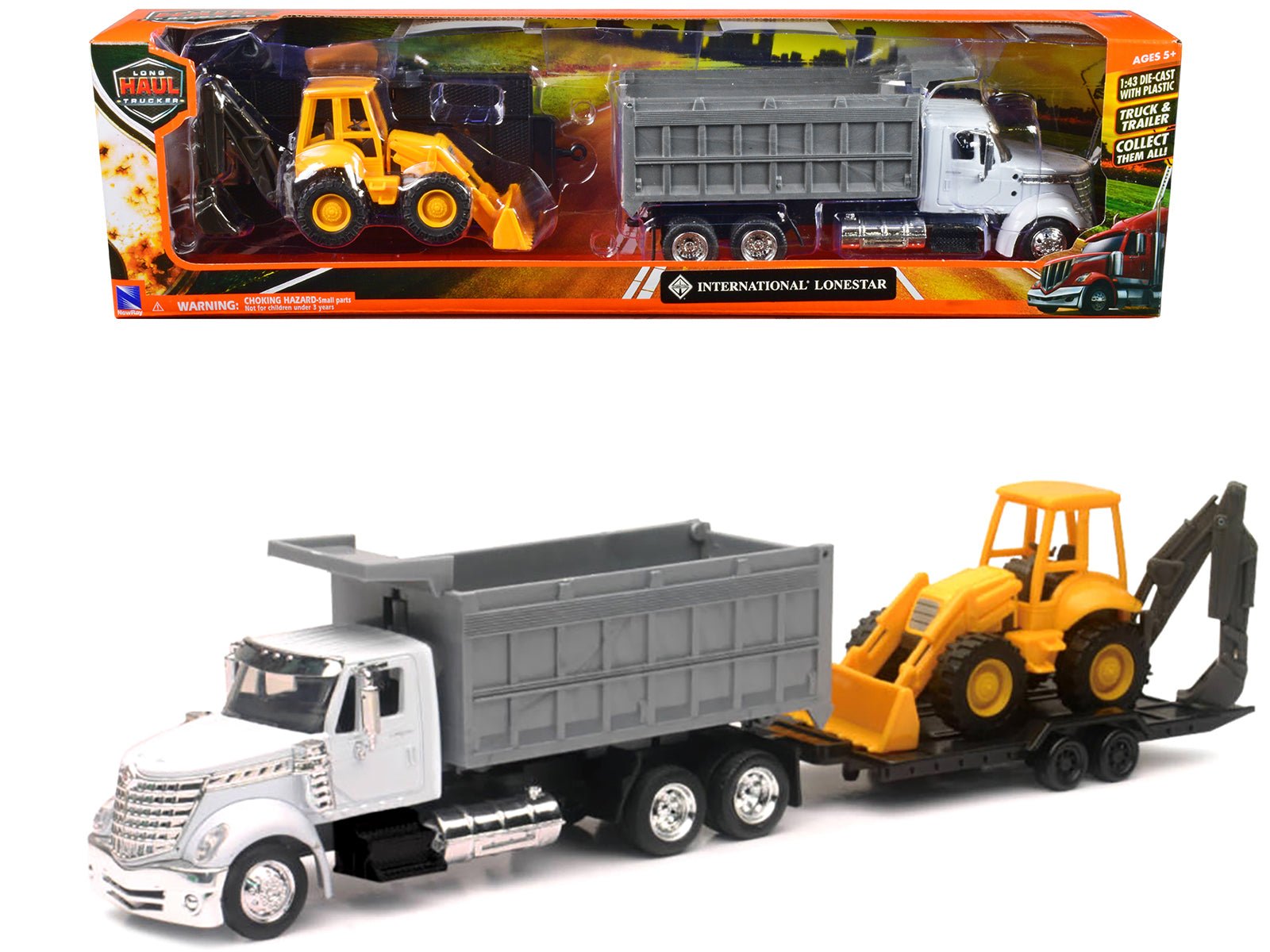 International Lonestar Dump Truck White and Wheel Loader Yellow with Flatbed Trailer "Long Haul Truckers" Series 1/43 Diecast Model by New Ray free shipping USA - Rapid Vehicles