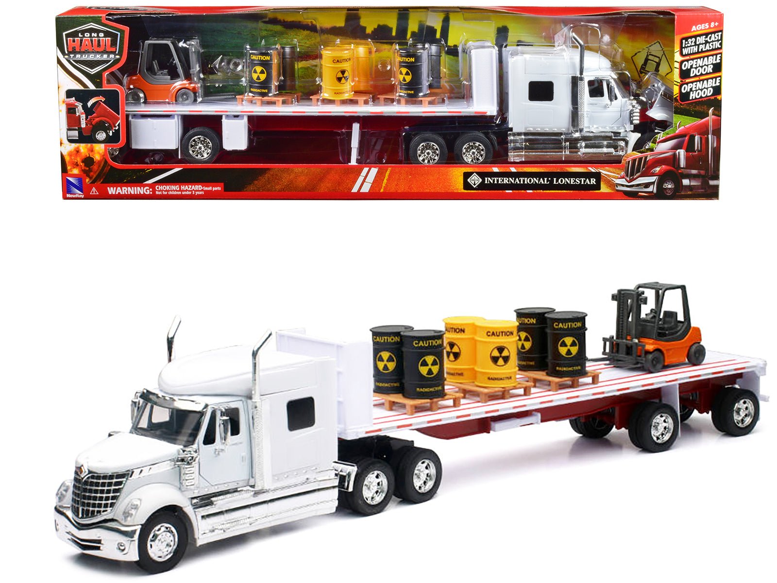 International Lonestar Flatbed Truck White with 6 Toxic Barrels 3 Pallets and Forklift "Long Haul Trucker" Series 1/32 Diecast Model by New Ray free shipping USA - Rapid Vehicles