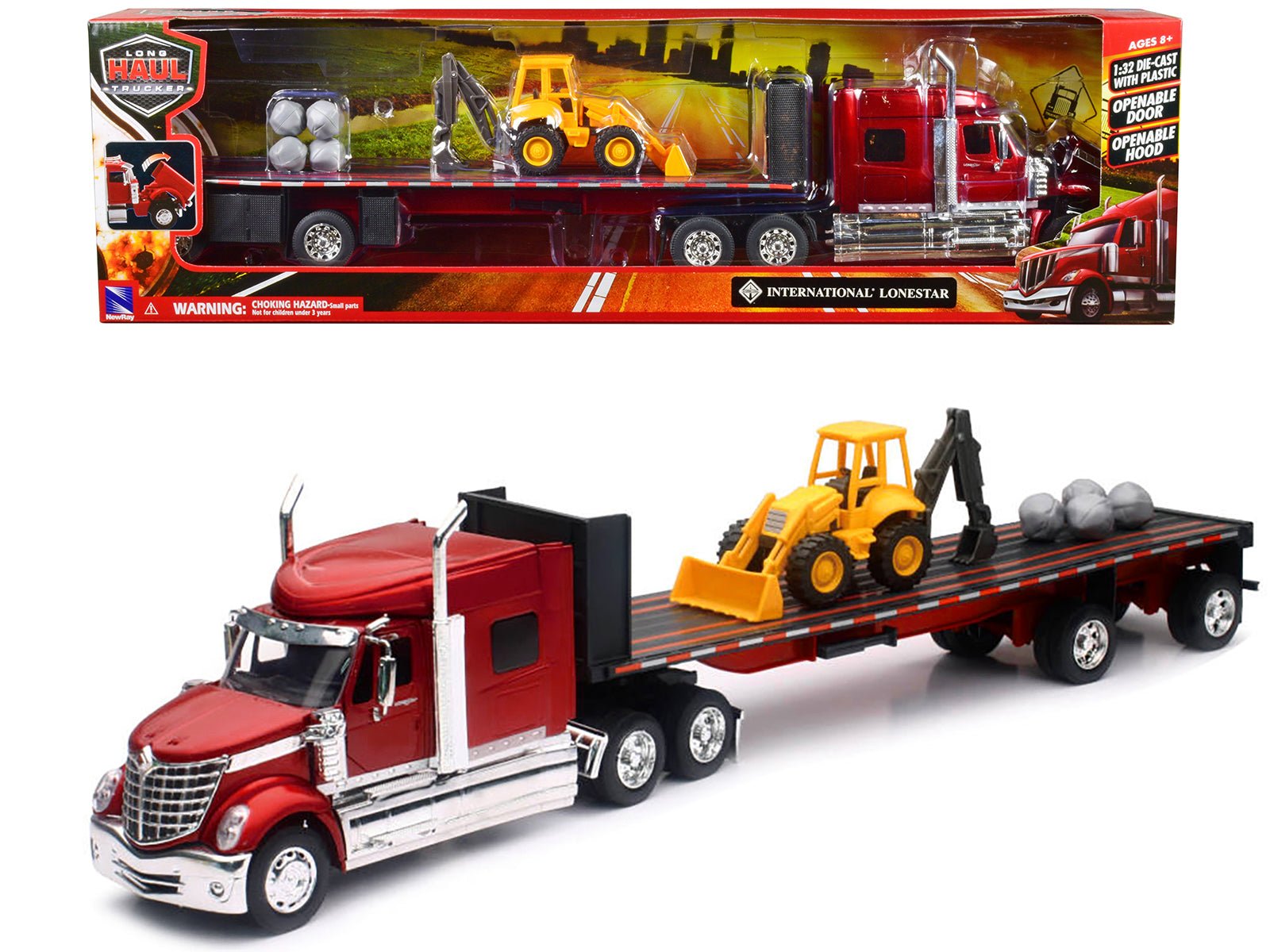 International Lonestar Truck with Flatbed Trailer Red Metallic with Front Loader and Rocks "Long Haul Truckers" Series 1/32 Diecast Model by New Ray free shipping USA - Rapid Vehicles