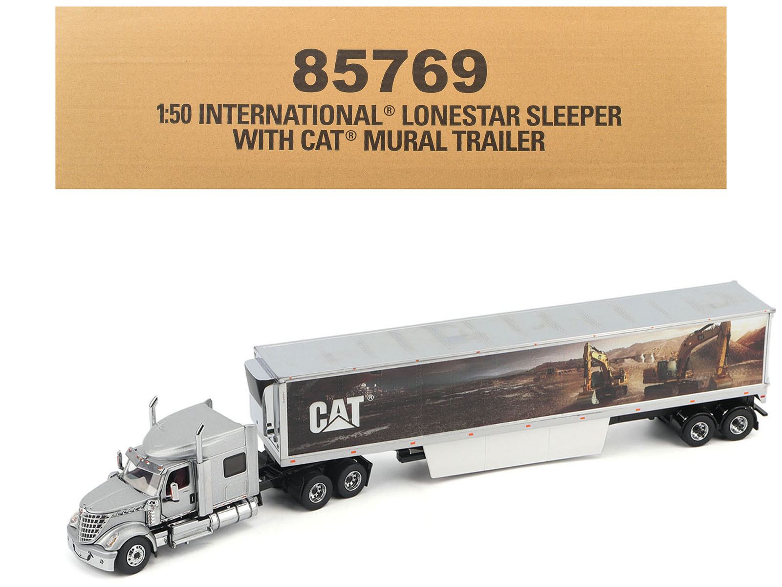 International Lonestar Truck with Sleeper Silver Metallic with "CAT Caterpillar" Mural Trailer "Transport Series" 1/50 Diecast Model by Diecast Masters free shipping USA - Rapid Vehicles
