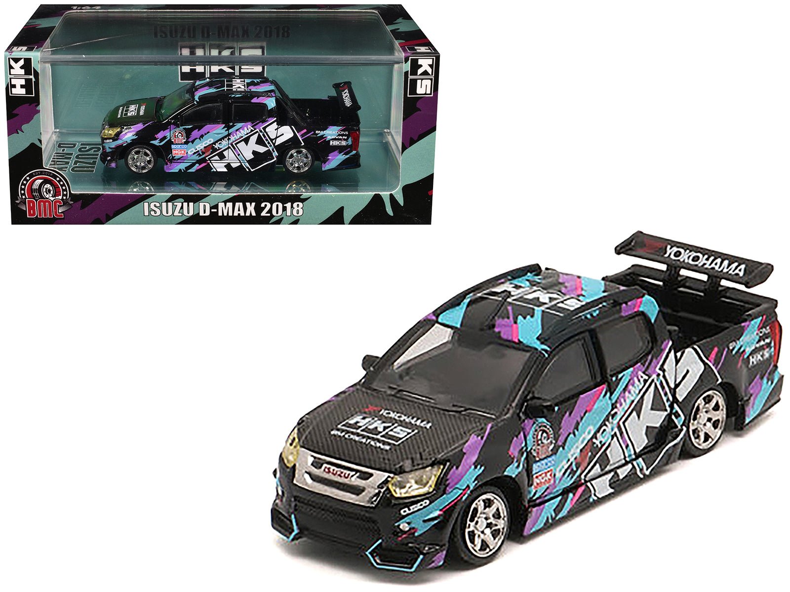 Isuzu D - Max Lowrider Pickup Truck RHD (Right Hand Drive) "HKS" Black with Graphics "Thailand Diecast Expo 2025" 1/64 Diecast Model Car by BM Creations free shipping USA - Rapid Vehicles
