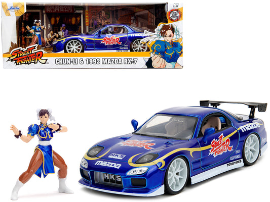 1993 Mazda RX-7 Candy Blue Metallic with Graphics and Chun-Li Diecast Figure "Street Fighter" Video Game "Anime Hollywood Rides" Series 1/24 Diecast Model Car by Jada free shipping USA