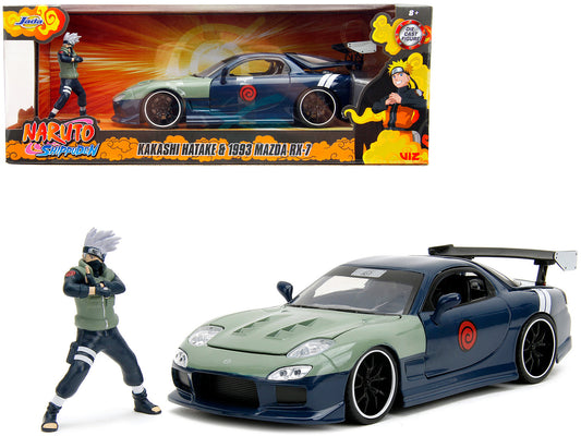1993 Mazda RX-7 Dark Blue with Green Hood and Kakashi Hatake Diecast Figure "Naruto Shippuden" (2009-2017) TV Series "Anime Hollywood Rides" Series 1/24 Diecast Model Car by Jada free shipping USA