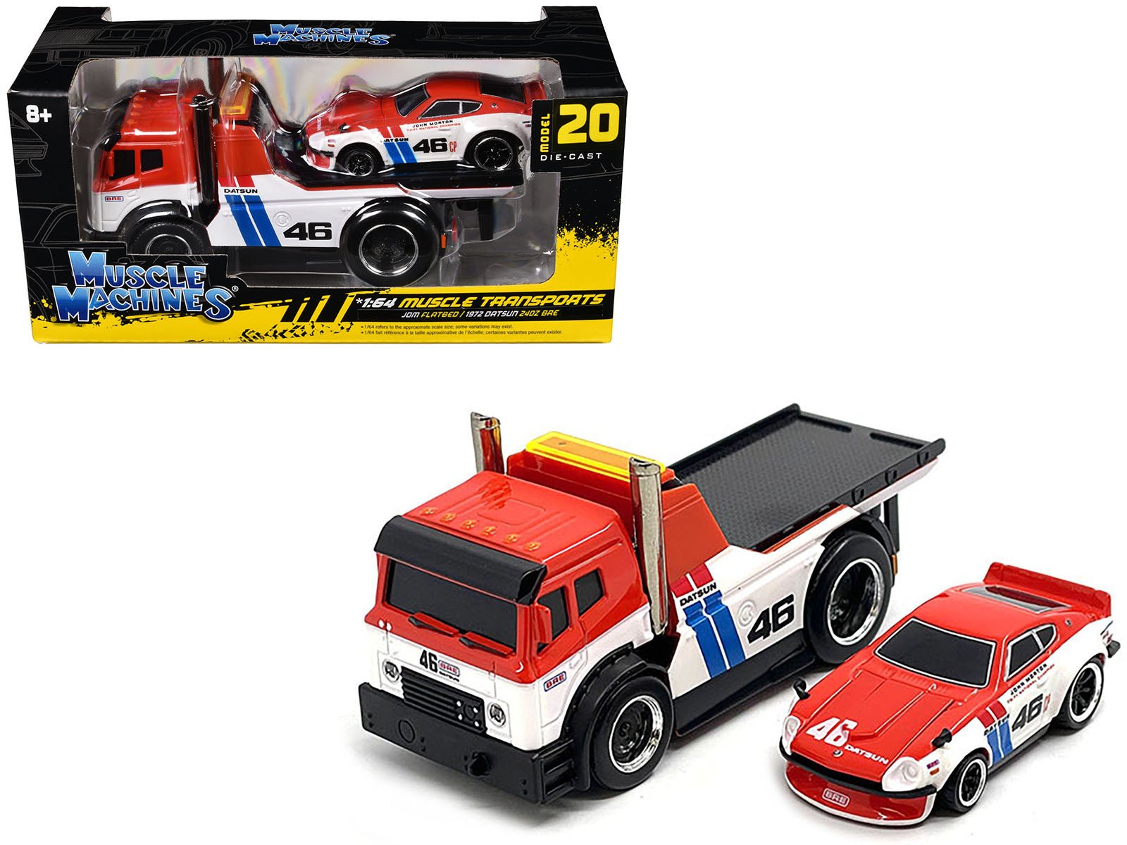 JDM Flatbed Truck 46 Red and White with Blue Stripes and 1972 Datsun 240Z 46 Red and White with Blue Stripes "BRE" "Muscle Transports" Series 1/64 Diecast Models by Muscle Machines free shipping USA - Rapid Vehicles