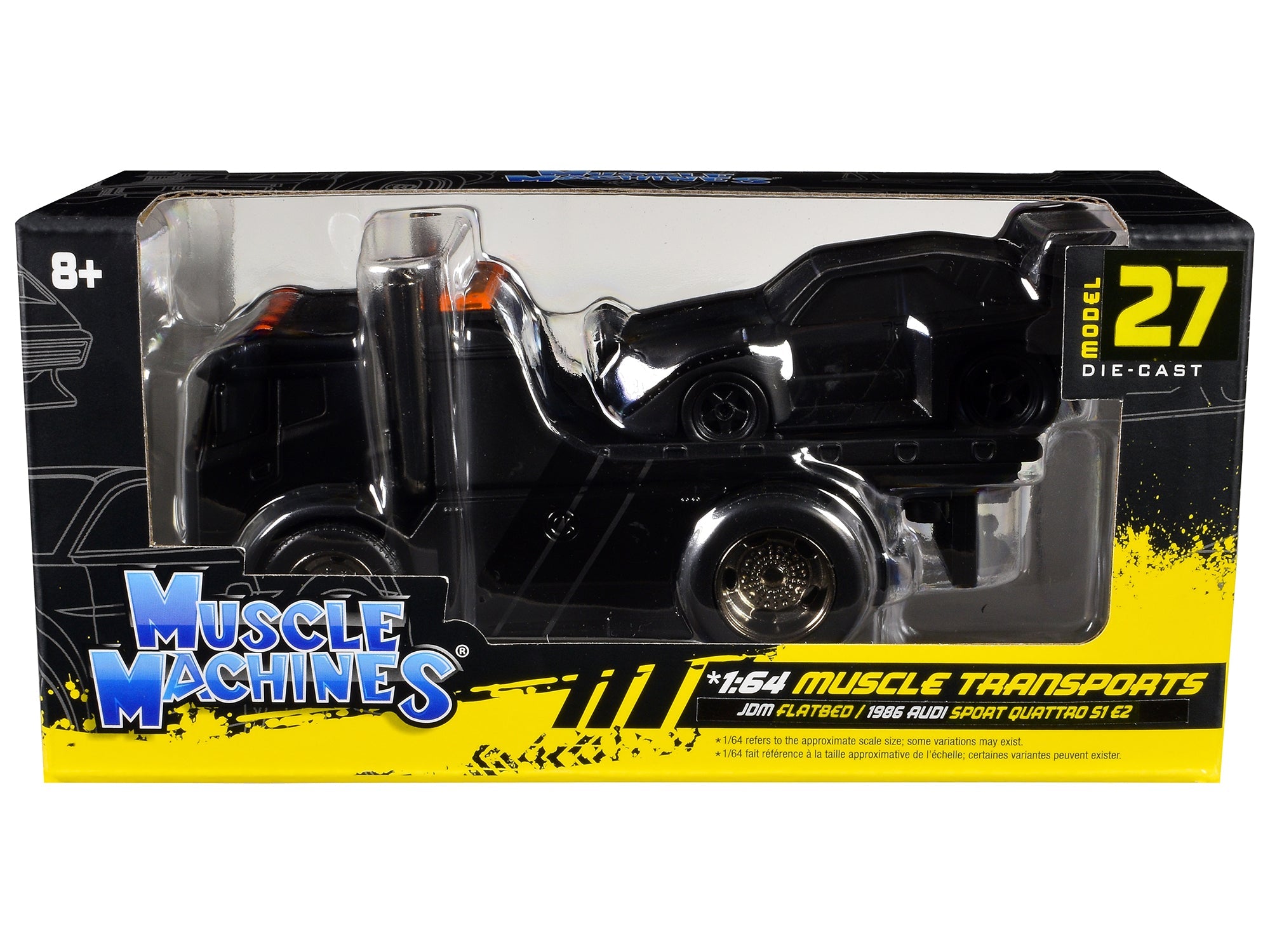JDM Flatbed Truck Matt Black and 1986 Audi Sport Quattro S1 E2 Matt Black "Muscle Transports" Series 1/64 Diecast Models by Muscle Machines free shipping USA - Rapid Vehicles