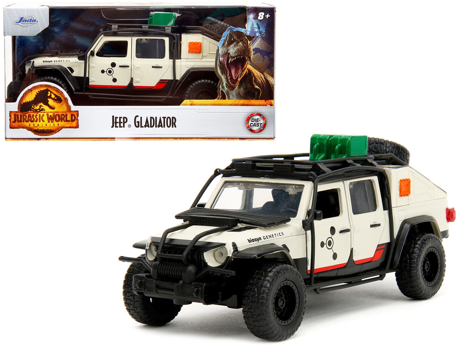 Jeep Gladiator Pickup Truck with Equipment Shell Beige with Graphics "Biosyn Genetics" "Jurassic World Dominion" (2022) Movie "Hollywood Rides" Series 1/32 Diecast Model Car by Jada free shipping USA - Rapid Vehicles