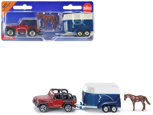 Jeep Red with Horse Trailer Blue and Horse Accessory Diecast Model by Siku free shipping USA - Rapid Vehicles