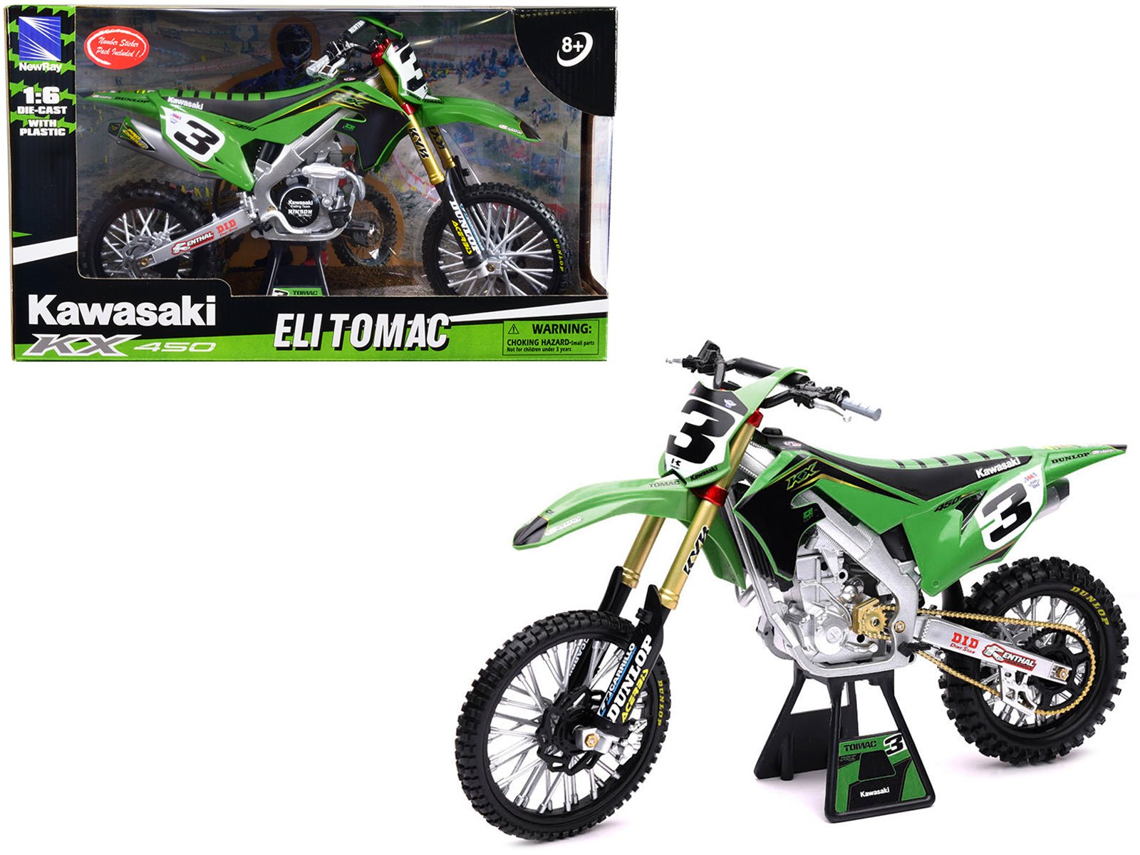 Kawasaki KX 450F Dirt Bike Motorcycle 3 Eli Tomac Green and Black "Kawasaki Racing Team" 1/6 Diecast Model by New Ray free shipping USA - Rapid Vehicles
