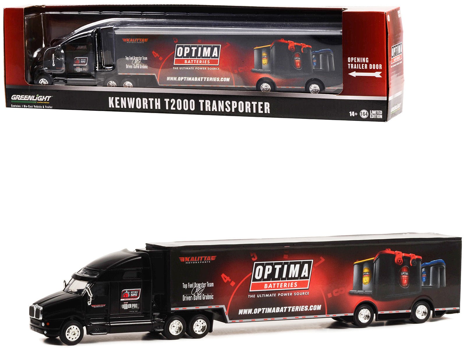 Kenworth T2000 Transporter Black "OPTIMA Batteries: The Ultimate Power Source" "Hobby Exclusive" Series 1/64 Diecast Model by Greenlight free shipping USA - Rapid Vehicles