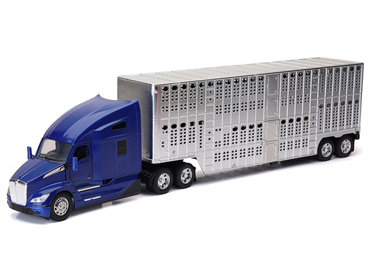 Kenworth T680 Truck Blue Metallic with Livestock Trailer Chrome "Long Haul Trucker" Series 1/32 Diecast Model by New Ray free shipping USA - Rapid Vehicles