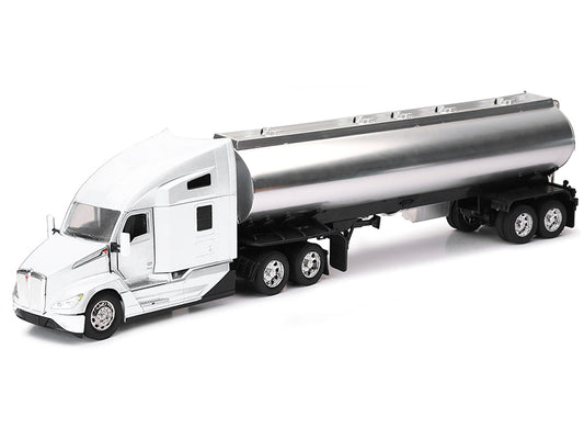 Kenworth T680 Truck White with Oil Tanker Trailer Chrome "Long Haul Trucker" Series 1/32 Diecast Model by New Ray free shipping USA - Rapid Vehicles