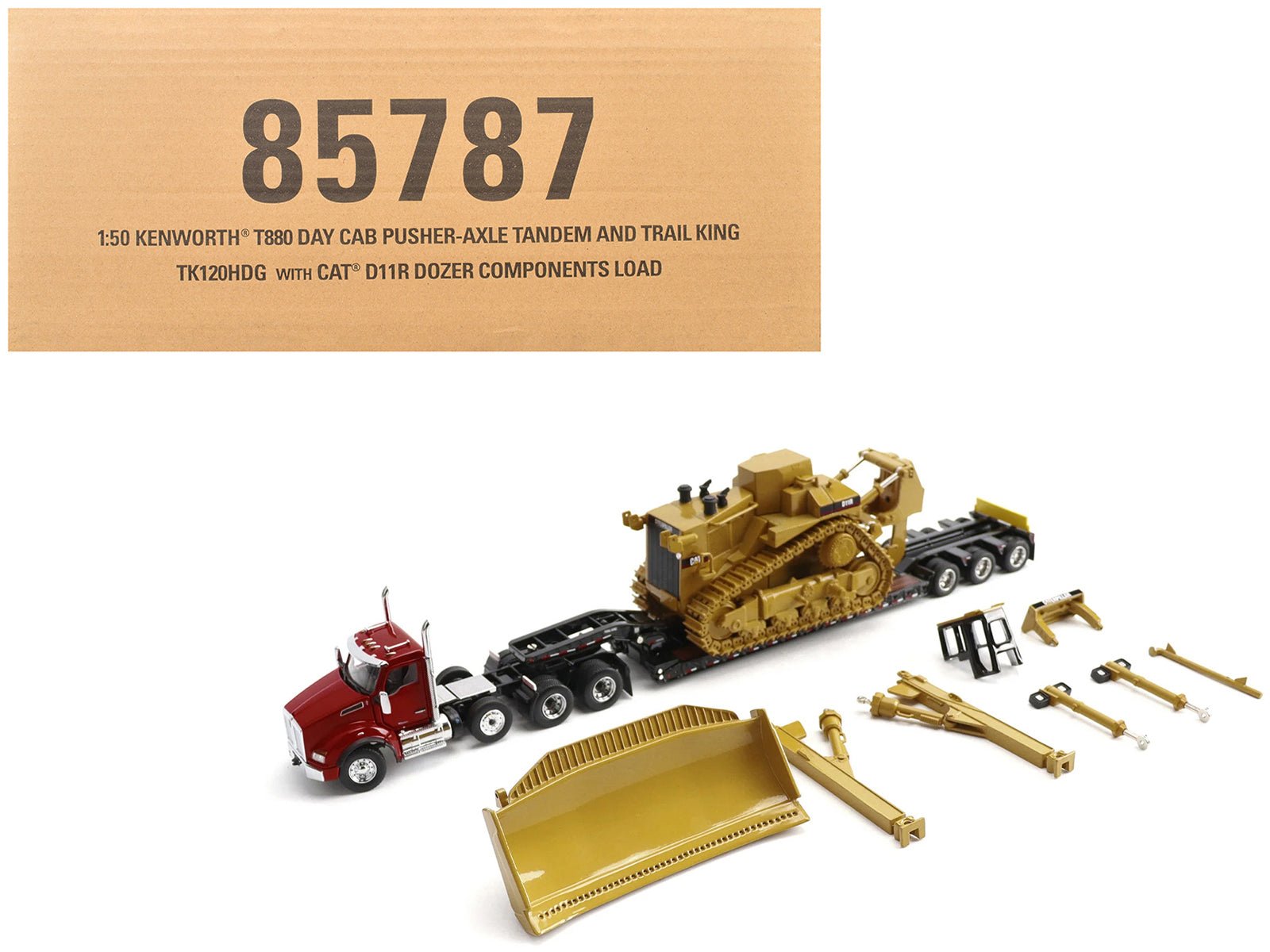 Kenworth T880 Day Cab Red and Trail King TK120 Lowboy Trailer with CAT Caterpillar D11R Dozer and Components Load "Transport Series" 1/50 Diecast Model by Diecast Masters free shipping USA - Rapid Vehicles