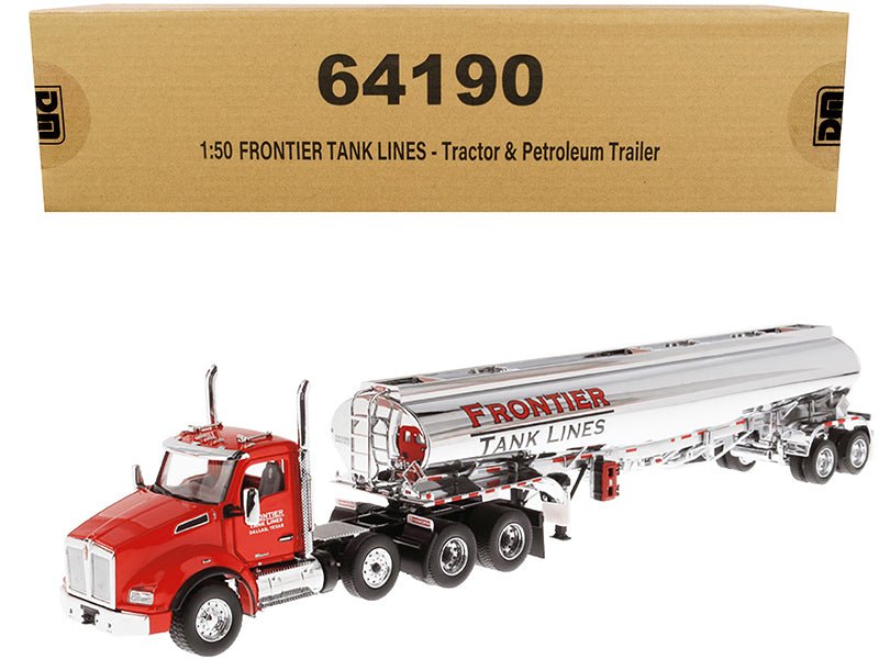 Kenworth T880 SBFA Tandem Day Cab Truck with Pusher Axle and Heil FD9300/DT - C4 Petroleum Tanker Trailer "Frontier Tank Lines" Red and Chrome "Transport Series" Limited Edition to 500 pieces Worldwide 1/50 Diecast Model by Diecast Masters - Rapid Vehicles