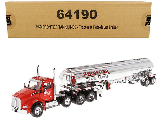 Kenworth T880 SBFA Tandem Day Cab Truck with Pusher Axle and Heil FD9300/DT - C4 Petroleum Tanker Trailer "Frontier Tank Lines" Red and Chrome "Transport Series" Limited Edition to 500 pieces Worldwide 1/50 Diecast Model by Diecast Masters - Rapid Vehicles
