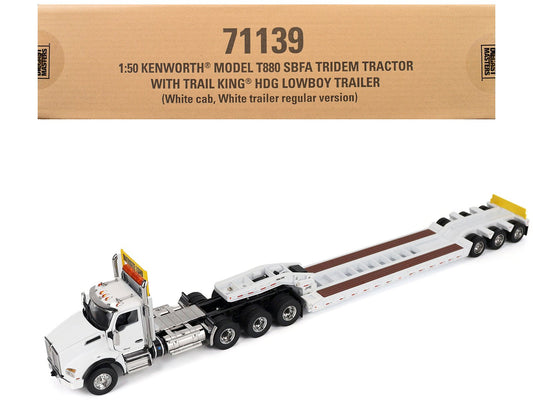 Kenworth T880 SBFA Tridem Truck with Trail King HDG Lowboy Trailer White "Transport Series" 1/50 Diecast Model by Diecast Masters free shipping USA - Rapid Vehicles