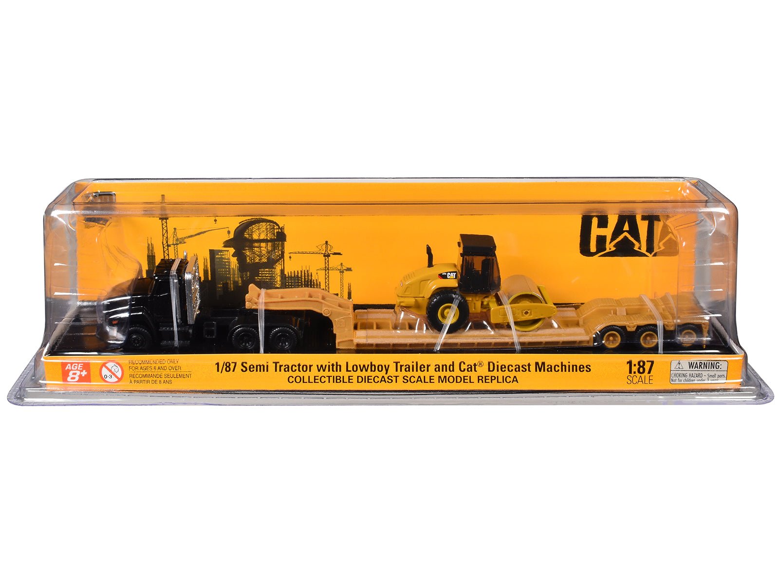 Kenworth T880 Tractor Black with Lowboy Trailer and CAT Roller Yellow 1/87 (HO) Diecast Model by Diecast Masters free shipping USA - Rapid Vehicles